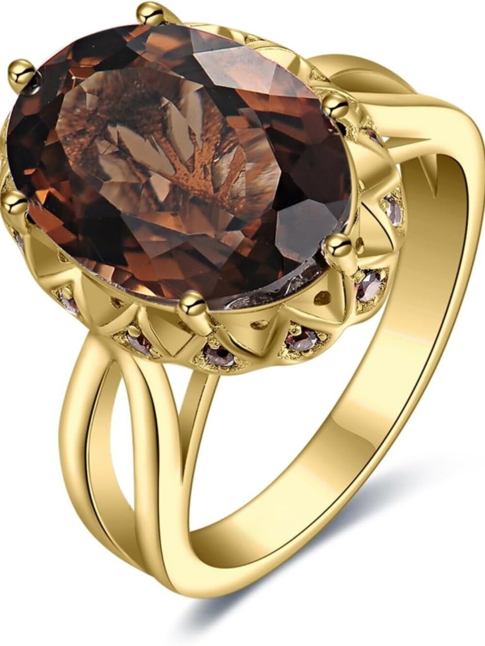Stunning 5.7ct Oval Smoky Quartz Cocktail Ring in 14K Gold Plated Sterling